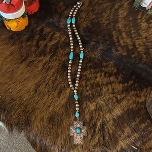 Turquoise Accent Cross Beaded Necklace - Women Jewelry